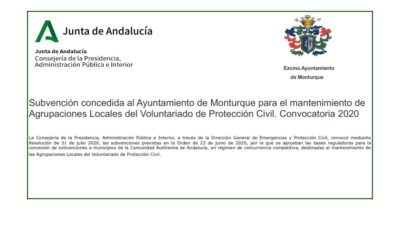 Subvención concedida al Ayuntamiento de Monturque para el mantenimiento de Agrupaciones Locales del Voluntariado de Protección Civil. Convocatoria 2020