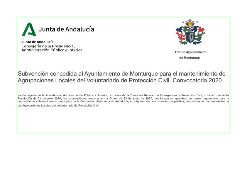 Subvención concedida al Ayuntamiento de Monturque para el mantenimiento de Agrupaciones Locales del Voluntariado de Protección Civil. Convocatoria 2020 1