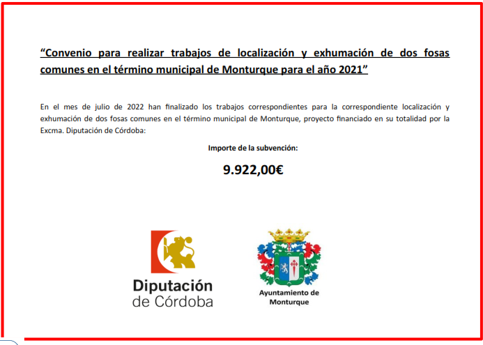«Convenio para realizar trabajos de localización y exhumación de dos fosas comunes en el término municipal de Monturque para el año 2021»